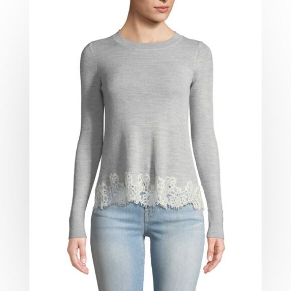 Rebecca Taylor Gray White Lace Combo Pullover Alpaca Wool Crew Sweater Size S - Picture 1 of 8